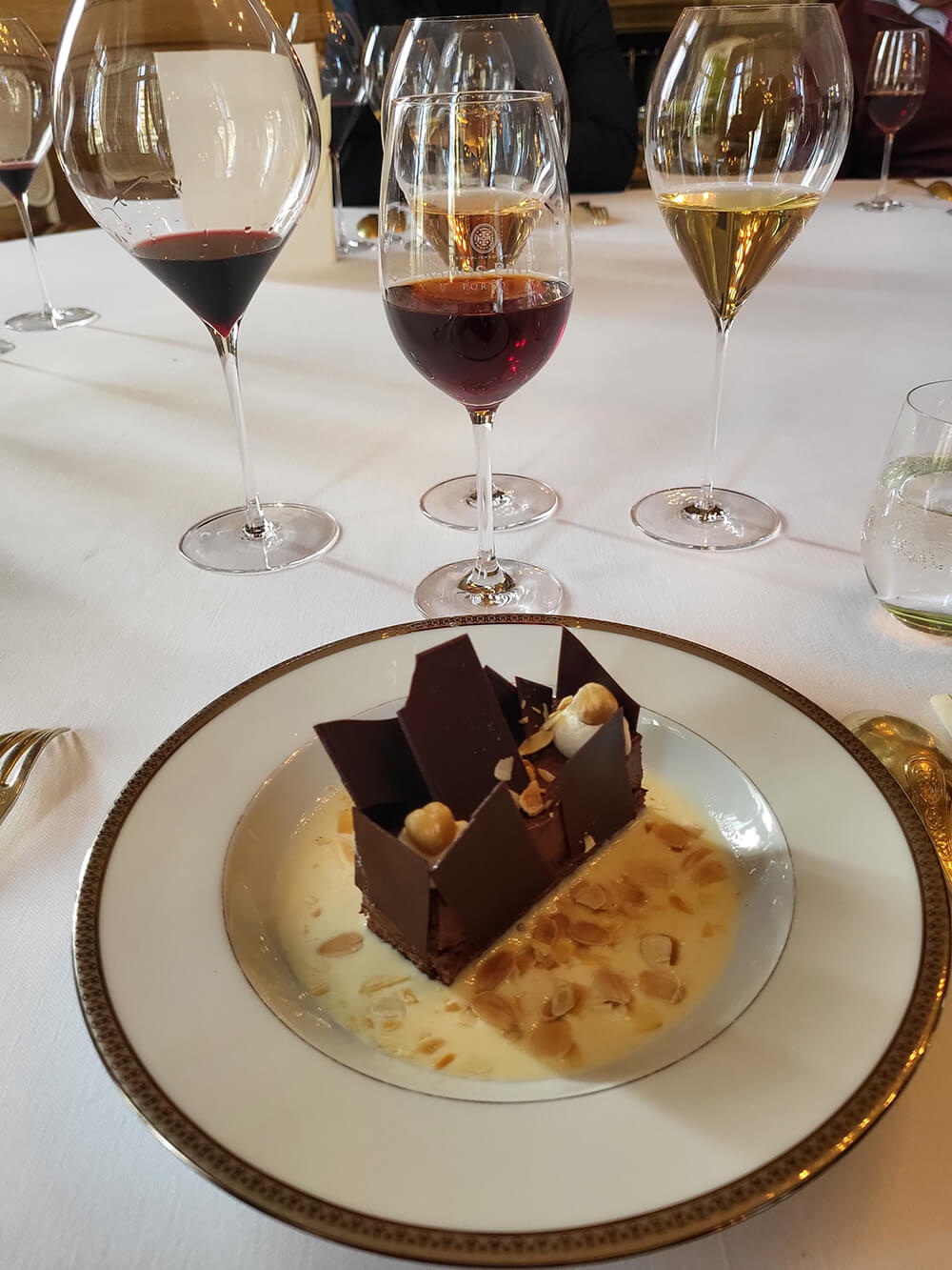 Chocolate and hazelnut mousse-cake with almond crème anglaise paired with Ramos Pinto 20yr old Tawny Port during Chesil Rectory's wine experience