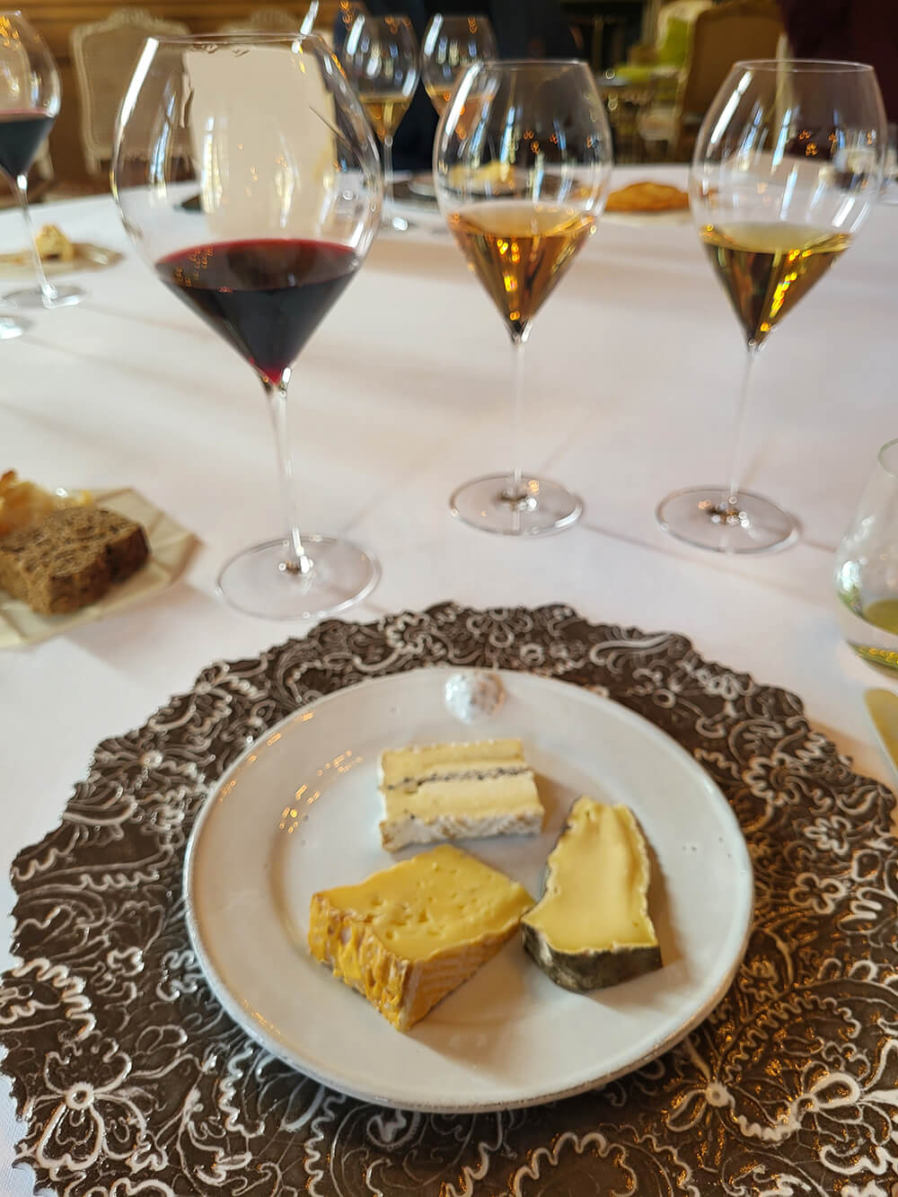 Local fromage paired with Chateau de Pez 2018 during Chesil Rectory's wine experience