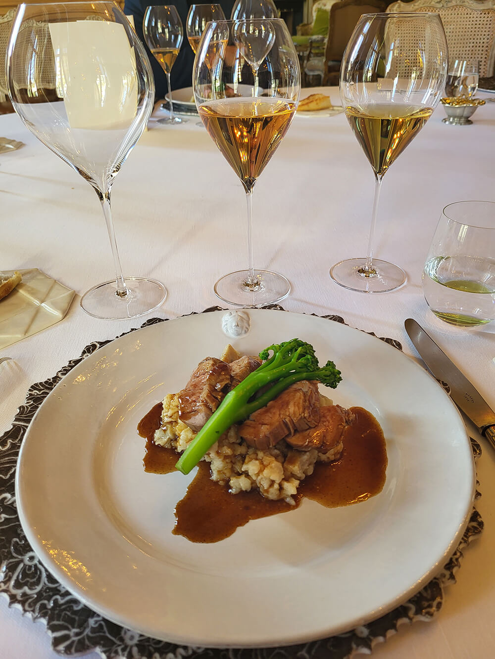 Veal with wild mushroom risotto and veal jus paired with Louis Roederer rose '16 vintage during Chesil Rectory's wine experience