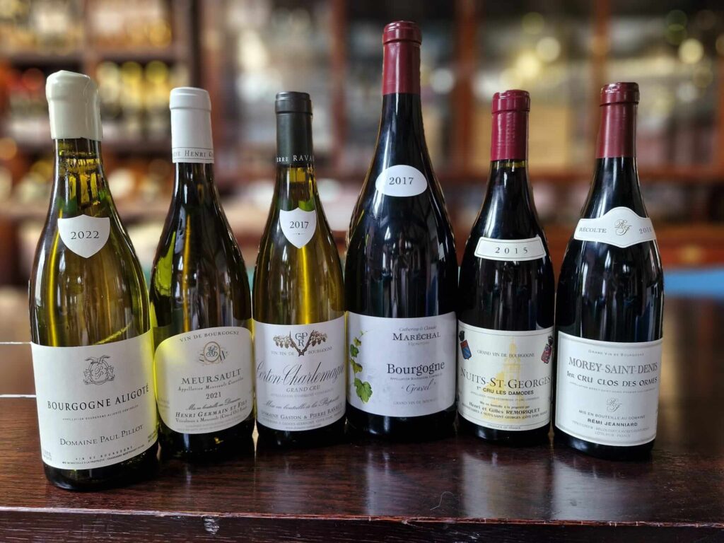 Full Burgundy wine selection served at Chesil's exclusive wine dinner event.